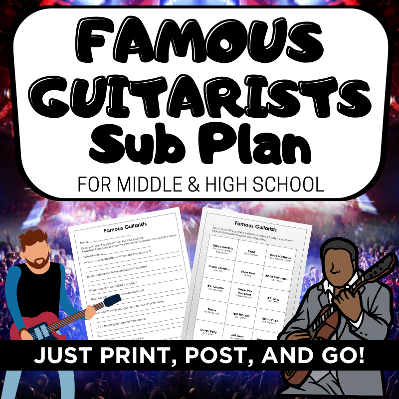 FAMOUS GUITARIST SUB PLAN for Middle or High School Music or Guitar Class