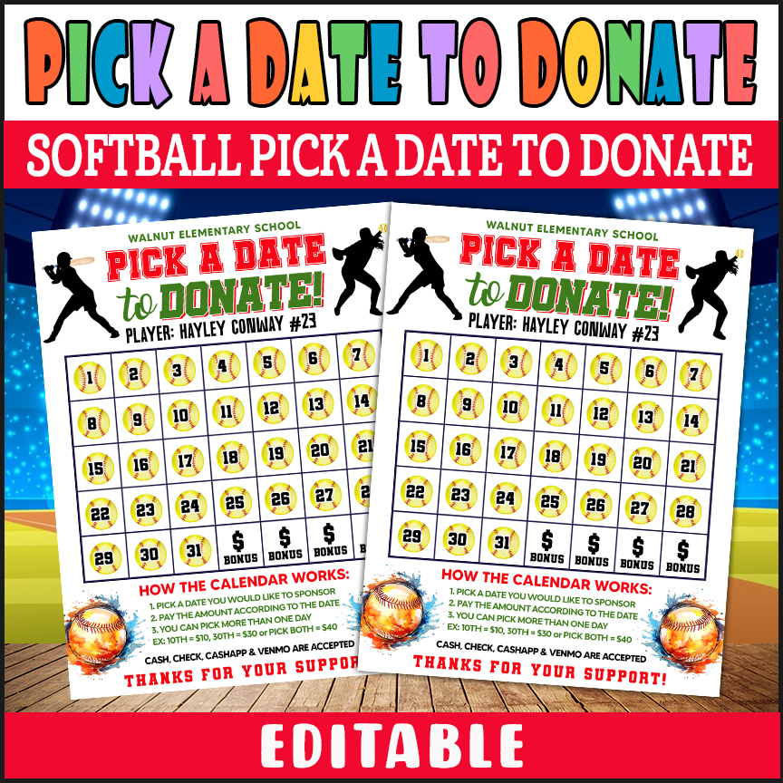 Customizable Softball Sports Fundraiser Calendar , Pick a Date to Donate Calendar Template