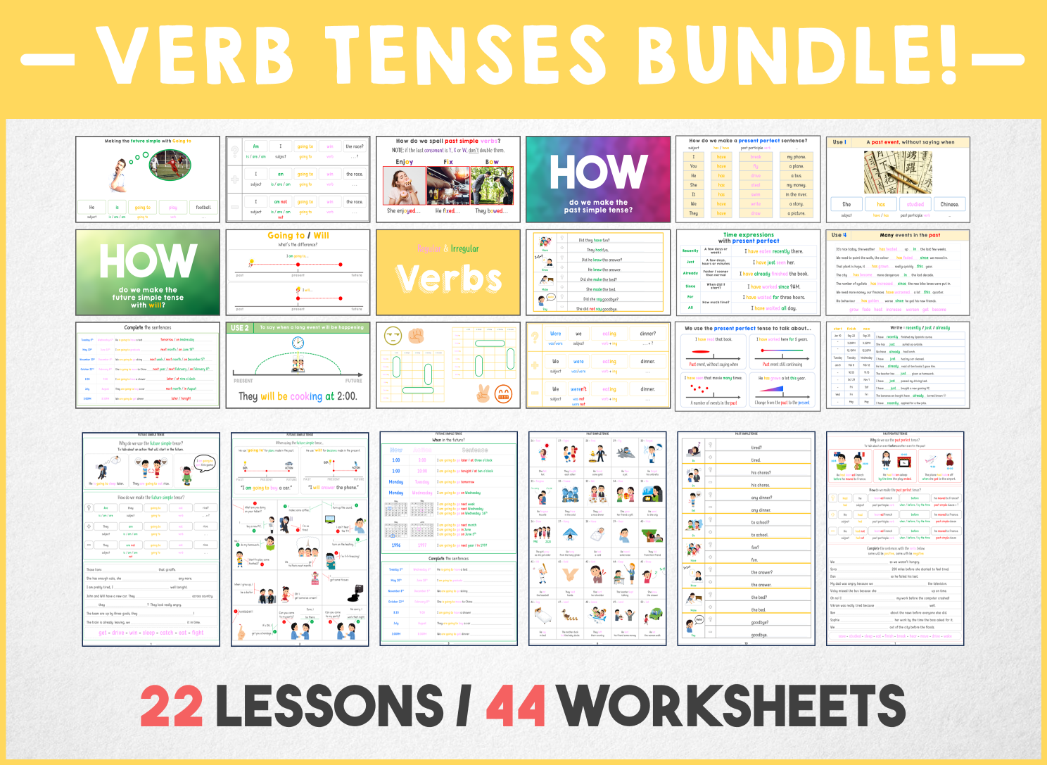 English Grammar Bundle - Beginner to intermediate - 68 lessons / 140 worksheets!