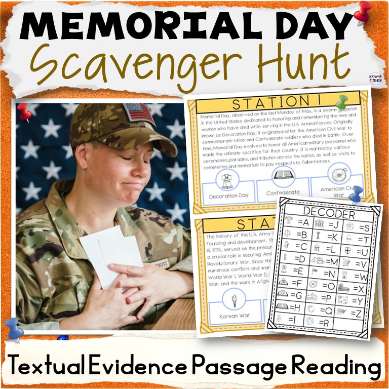 Memorial Day Scavenger Hunt Reading Comprehension Textual Evidence Activity