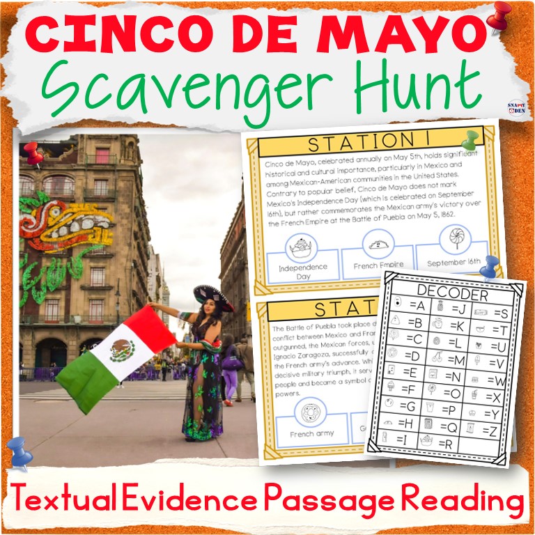 Cinco de Mayo Scavenger Hunt Reading Comprehension Textual Evidence Activity