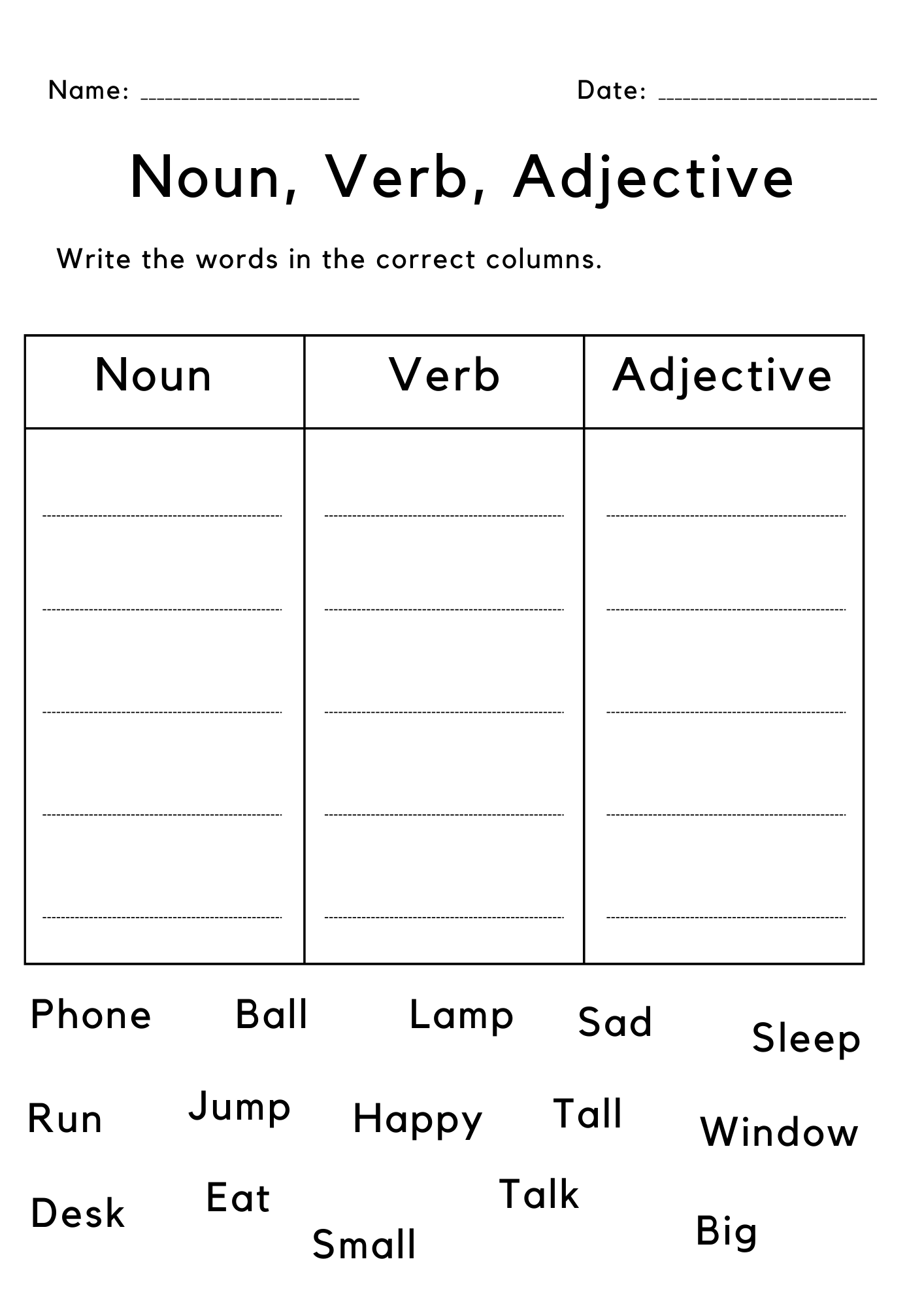 identify noun verb and adjective worksheet for grade 1