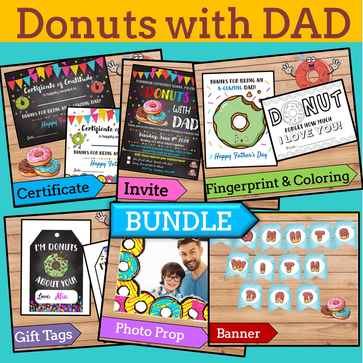 Fathers day Craft ,Donuts with Dad Invite,Certificates,Gift TAGS,Coloring BUNDLE