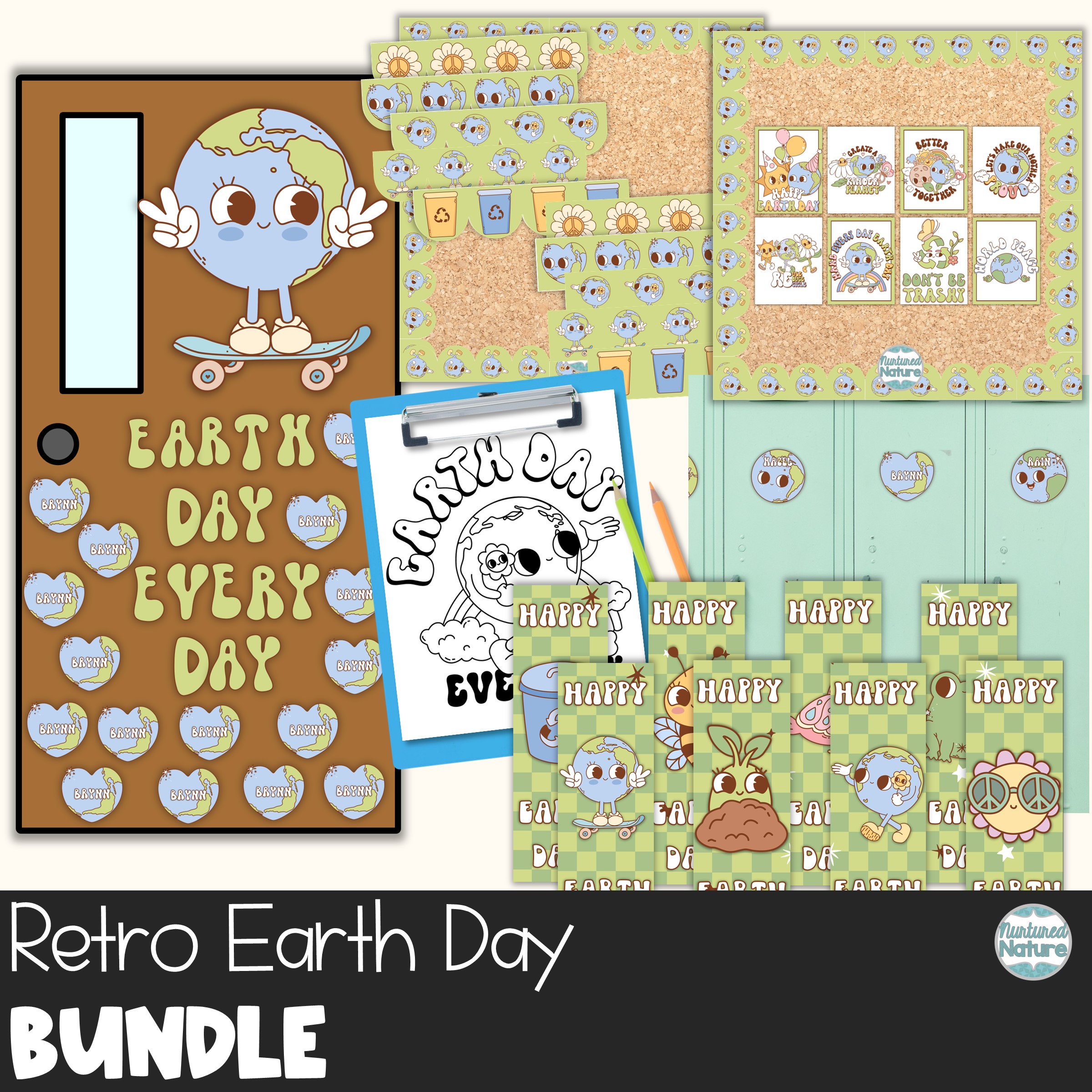 Retro Earth Day Classroom Decor and Activities Bundle - Bulletin Boards, Bookmarks, Writing, Names