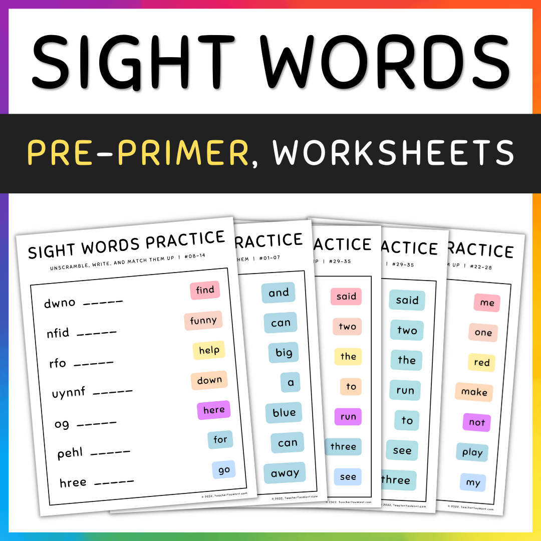 Pre-Primer Sight Words Worksheets Match and Unscramble Activities, Pre-K , SET 11