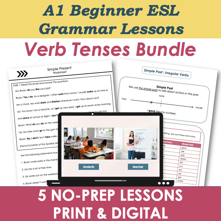 Grammar Lesson Plans, Activities, Worksheets - A1 Beginner Verb Tenses BUNDLE - Adult ESL EFL