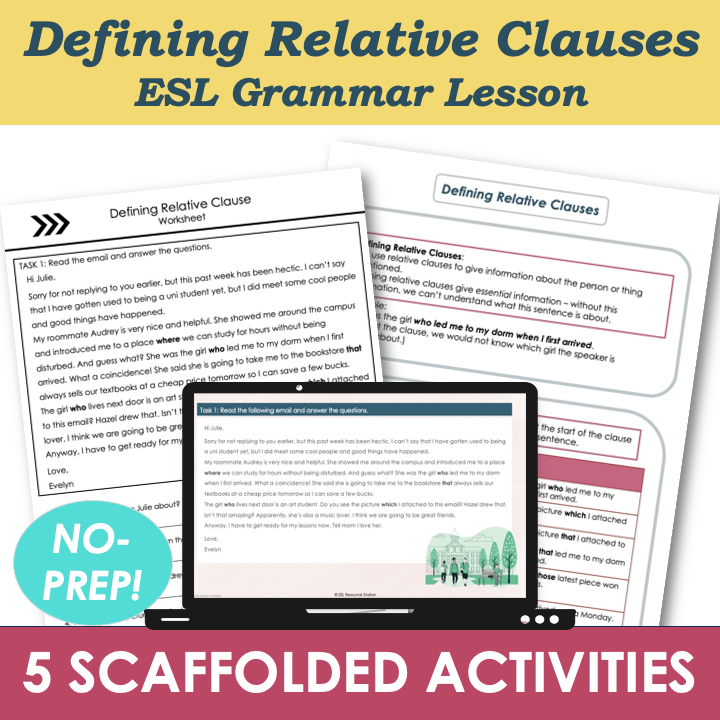 Defining Relative Clauses – Adult ESL B1 Intermediate Grammar Lesson, Activities, Worksheets