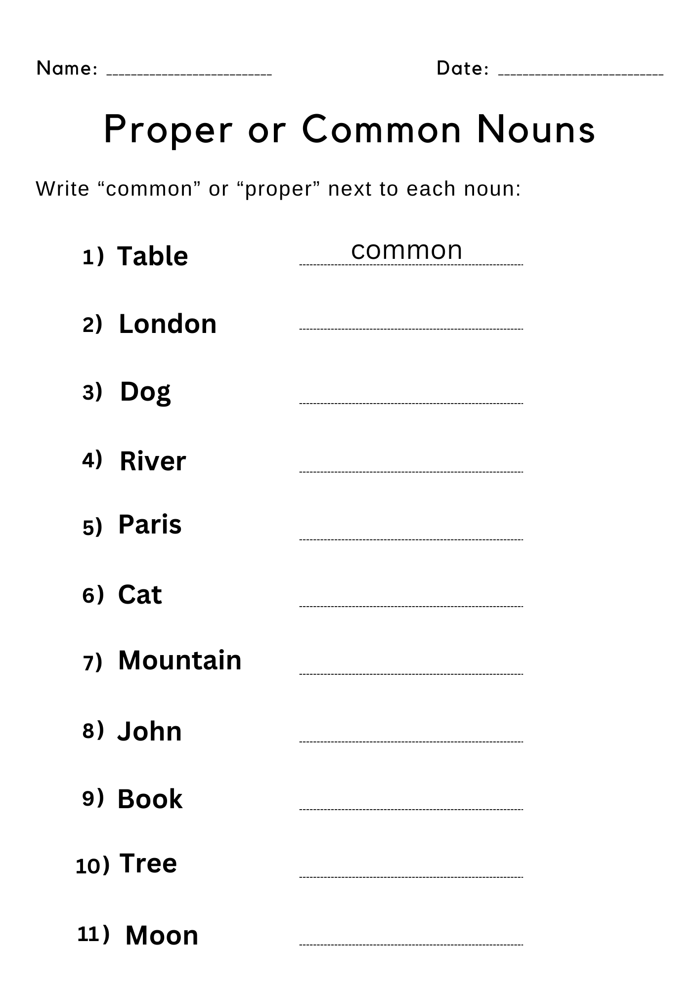 Printable common noun and proper nouns worksheet for grade 1