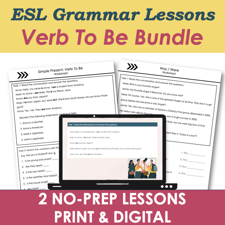Verb To Be BUNDLE - Adult ESL Beginner Grammar Lesson, Worksheets, Activities