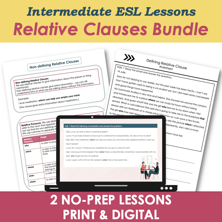 B1 Intermediate Grammar Lesson Plans, Activities, Worksheets BUNDLE - Relative Clauses - Adults ESL