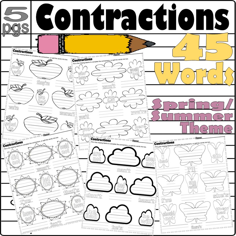 Contractions Spelling Practice Worksheets 45 words Spring Summer Theme