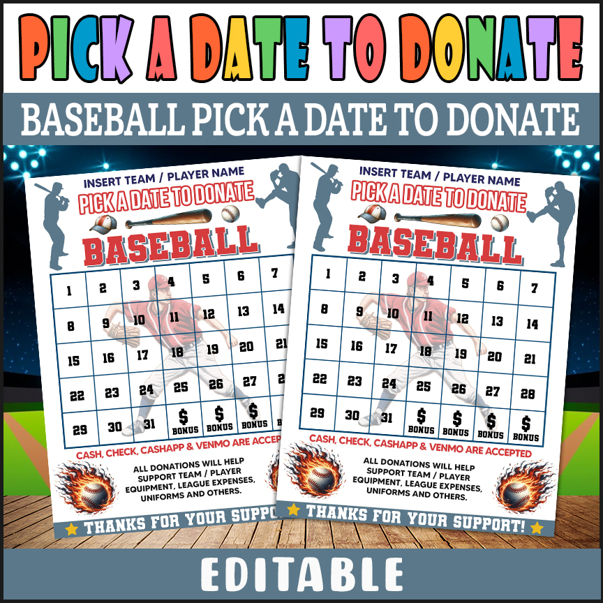 Editable Baseball Pick A Date To Donate Template, Fundraising Donation Calendar