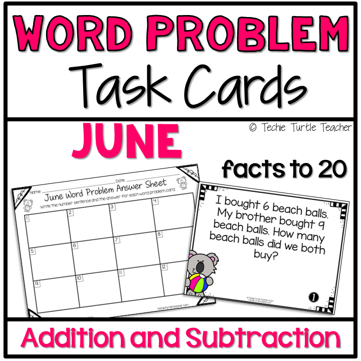 June Addition & Subtraction Facts within 20 One Step Word Problem Task Cards