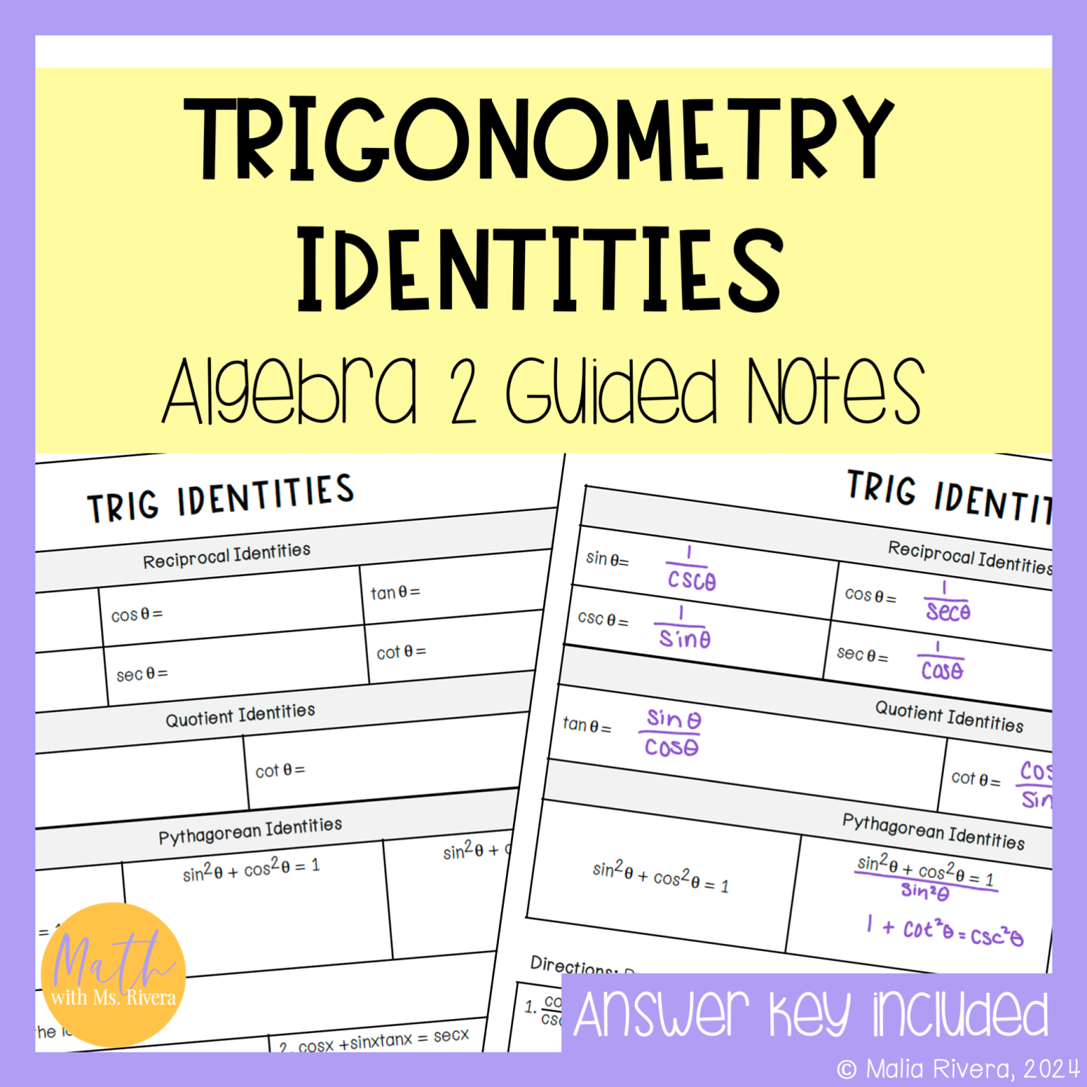 Proving Trigonometric Identities Guided Notes for Algebra 2 ...