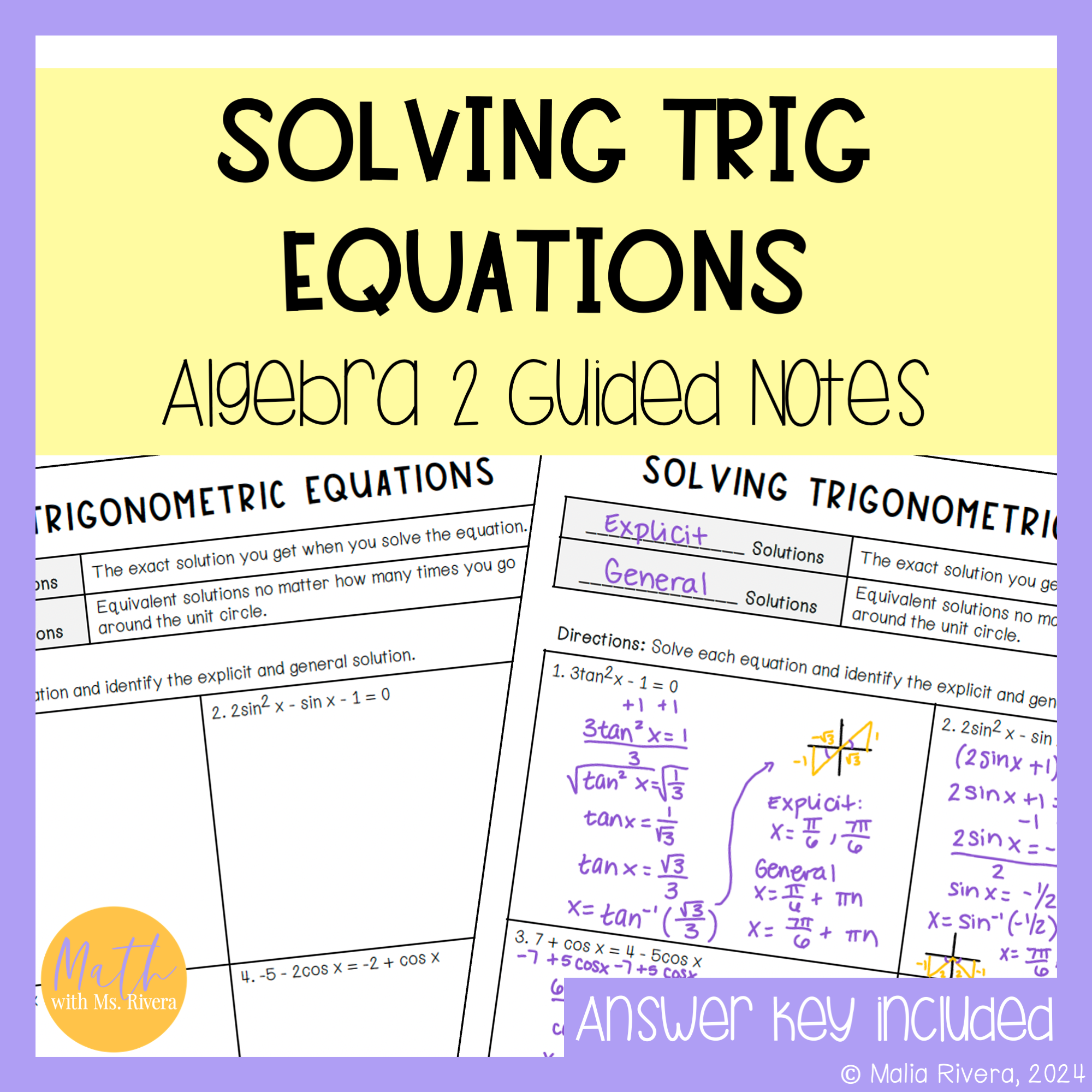 Solving Trigonometric Equations Guided Notes for Algebra 2 Trigonometry