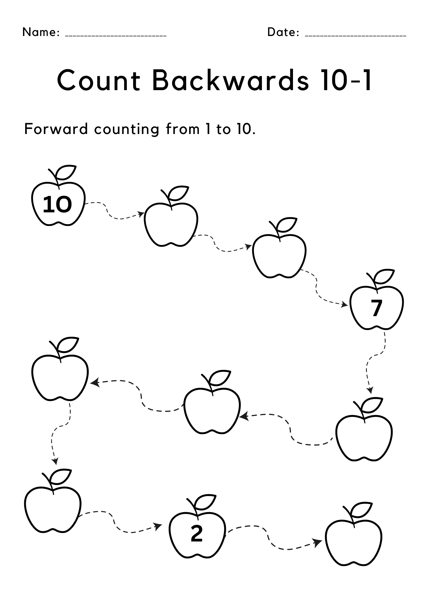 math worksheets backward counting 10 to 1