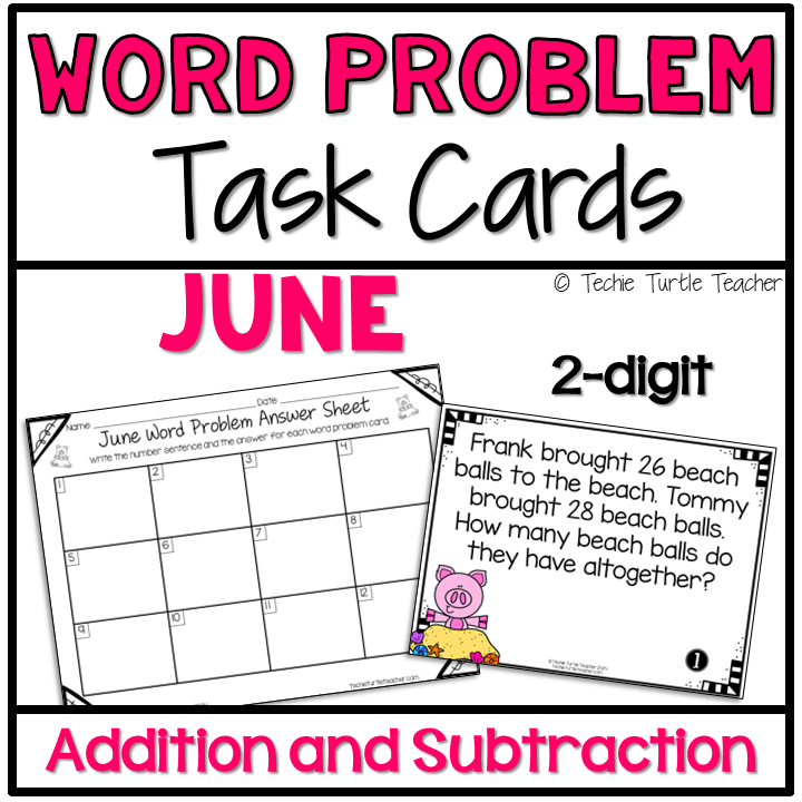 June 2-Digit Addition & Subtraction One Step Word Problem Task Cards for Summer