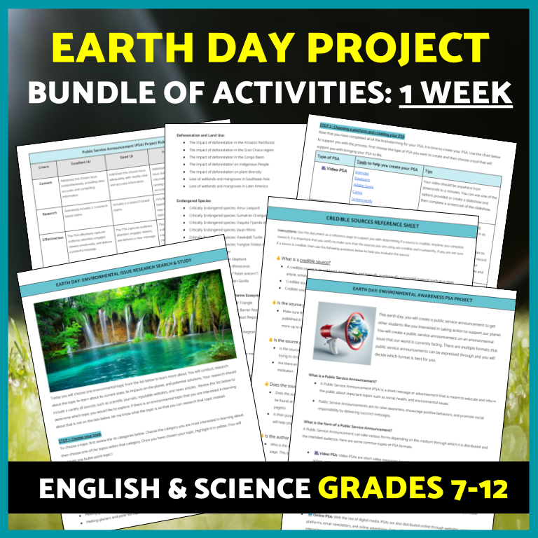 Earth Day Research Project with Rubric, Public Service Announcement PSA Bundle