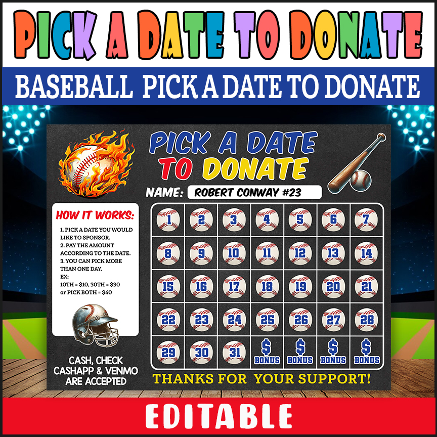 Editable Baseball Sports Fundraiser Donation Calendar | Pick a Date to Donate Template