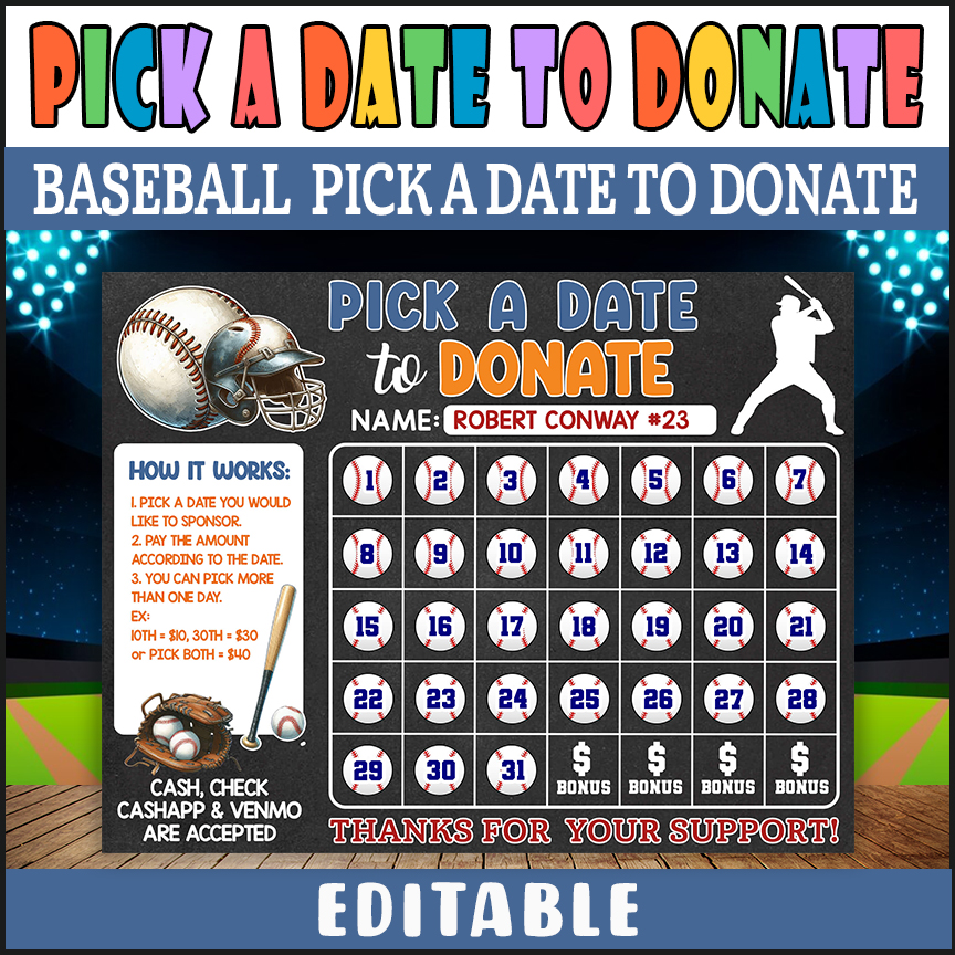 Customizable Baseball Sports Donation Calendar, Fundraising Pick a Date to Donate Template