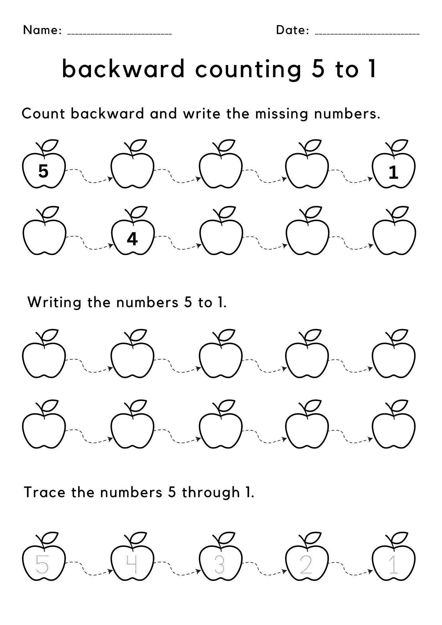 Printable missing number backward counting 5 to 1 worksheet for kindergarten