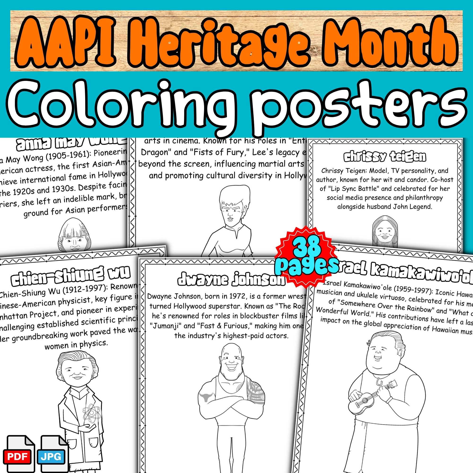 AAPI Heritage Month coloring posters-Asian American biography coloring sheets