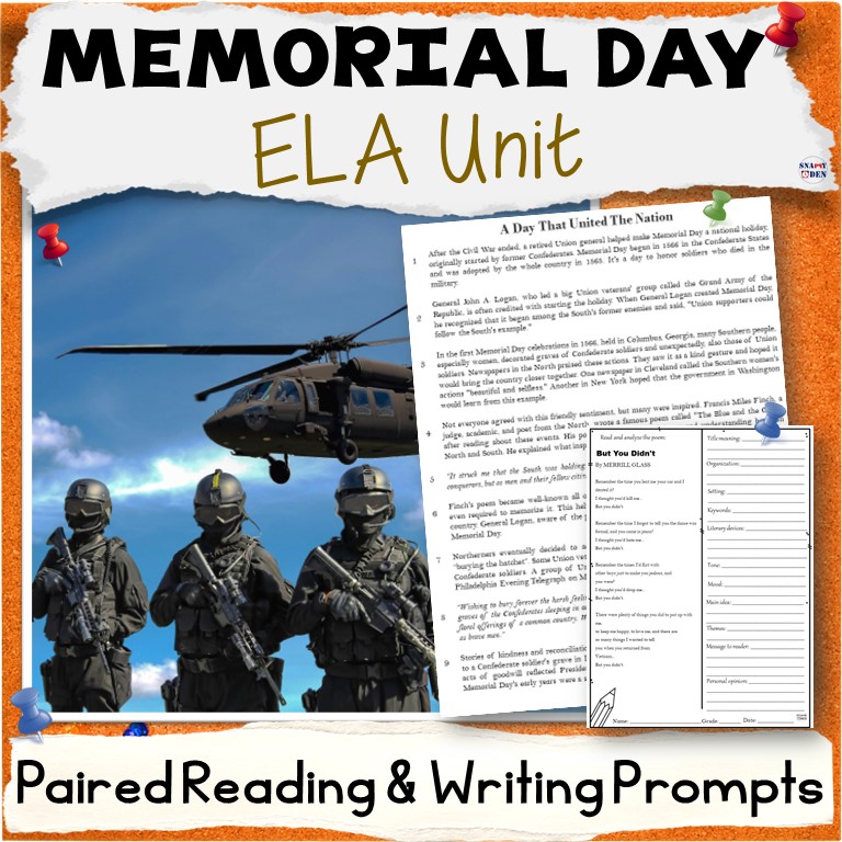Memorial Day Unit - Middle School ELA Paired Reading Activities, Writing Prompts