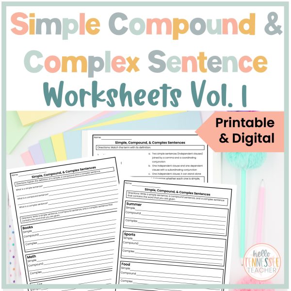 Simple, Compound, and Complex Sentence Worksheets Volume 1, Sentence ...