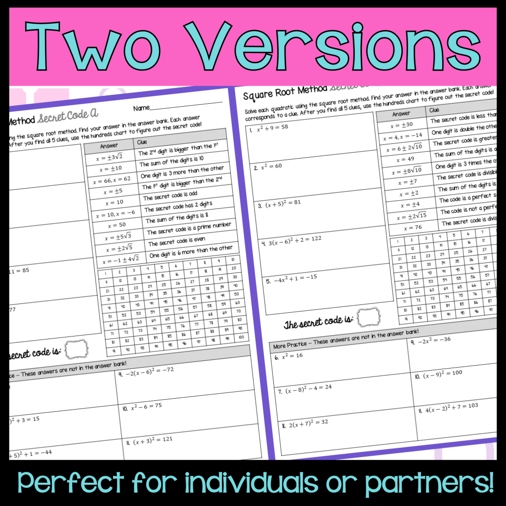 Solving Quadratic Equations by Square Root Method Worksheets | Secret ...