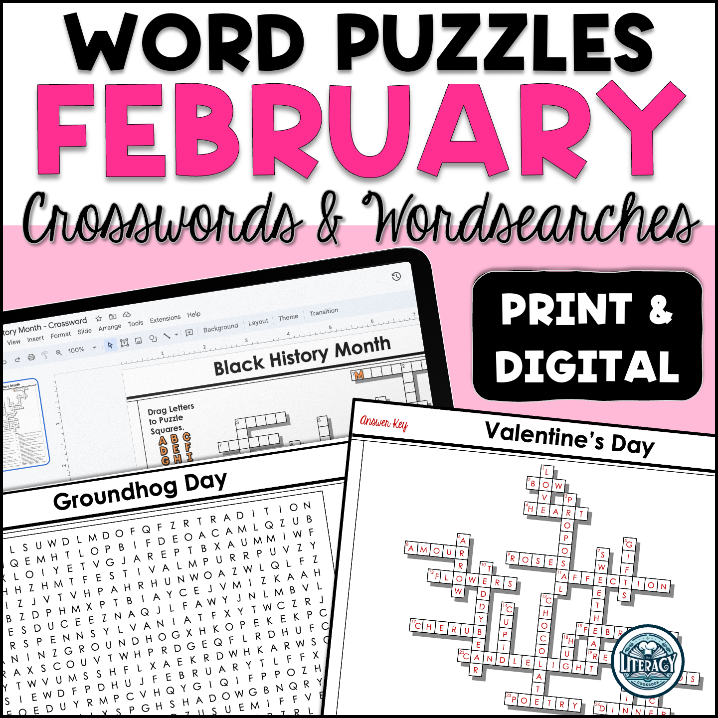 February Crossword Puzzles & Word Search - Middle & High School- Print & Digital Resources