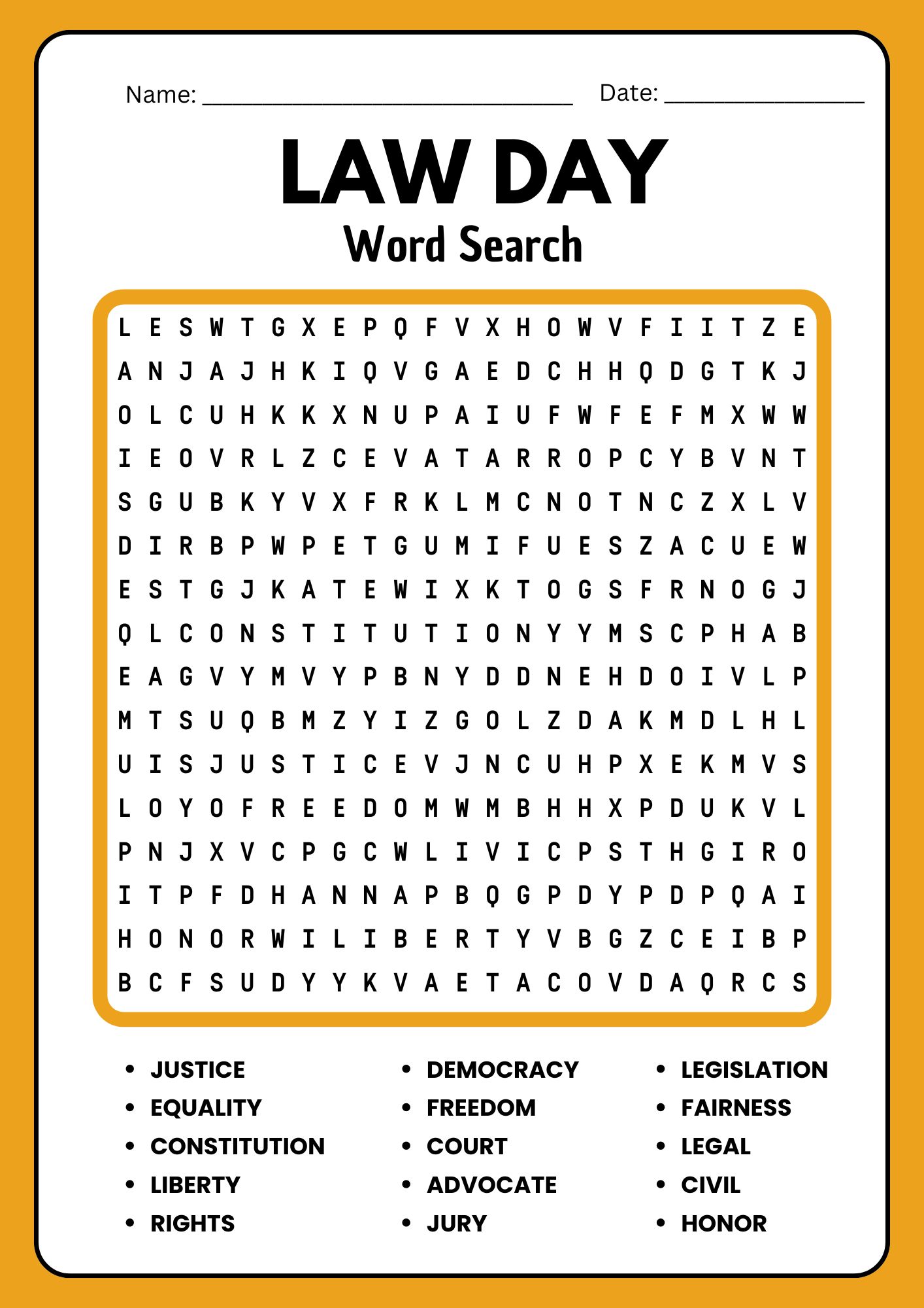 Law day No Prep Word Search Puzzle Worksheet Activity