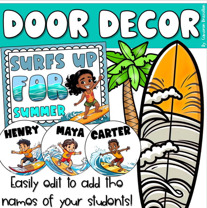 End of the Year Door Decorations Bulletin Board Surfing Surfs Up Theme EDITABLE