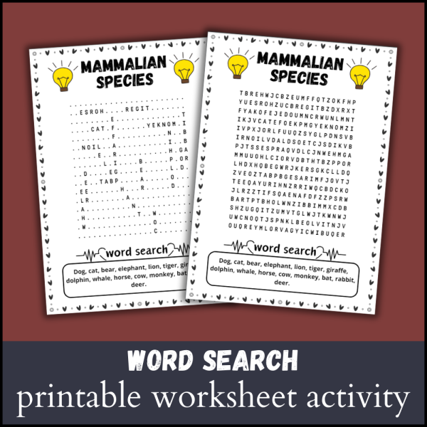 Mammalian Species : Word search puzzle worksheet activity | Made By ...