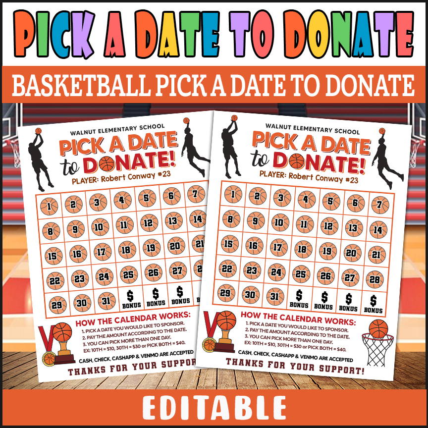Basketball Pick a Date to Donate Fundraising Calendar Template, Fundraiser Donation Template