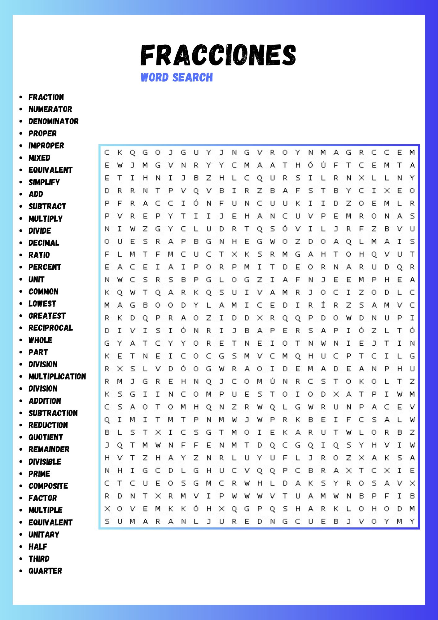 FRACTION WORD SEARCH PUZZLE IN SPANISH WORKSHEET ACTIVITIES BRAIN PUZZLES