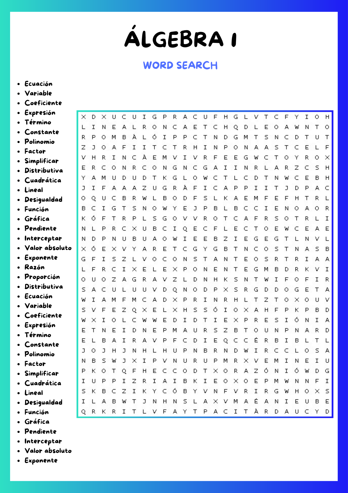 ALGABRA 1 WORD SEARCH PUZZLE IN SPANISH WORKSHEET ACTIVITIES