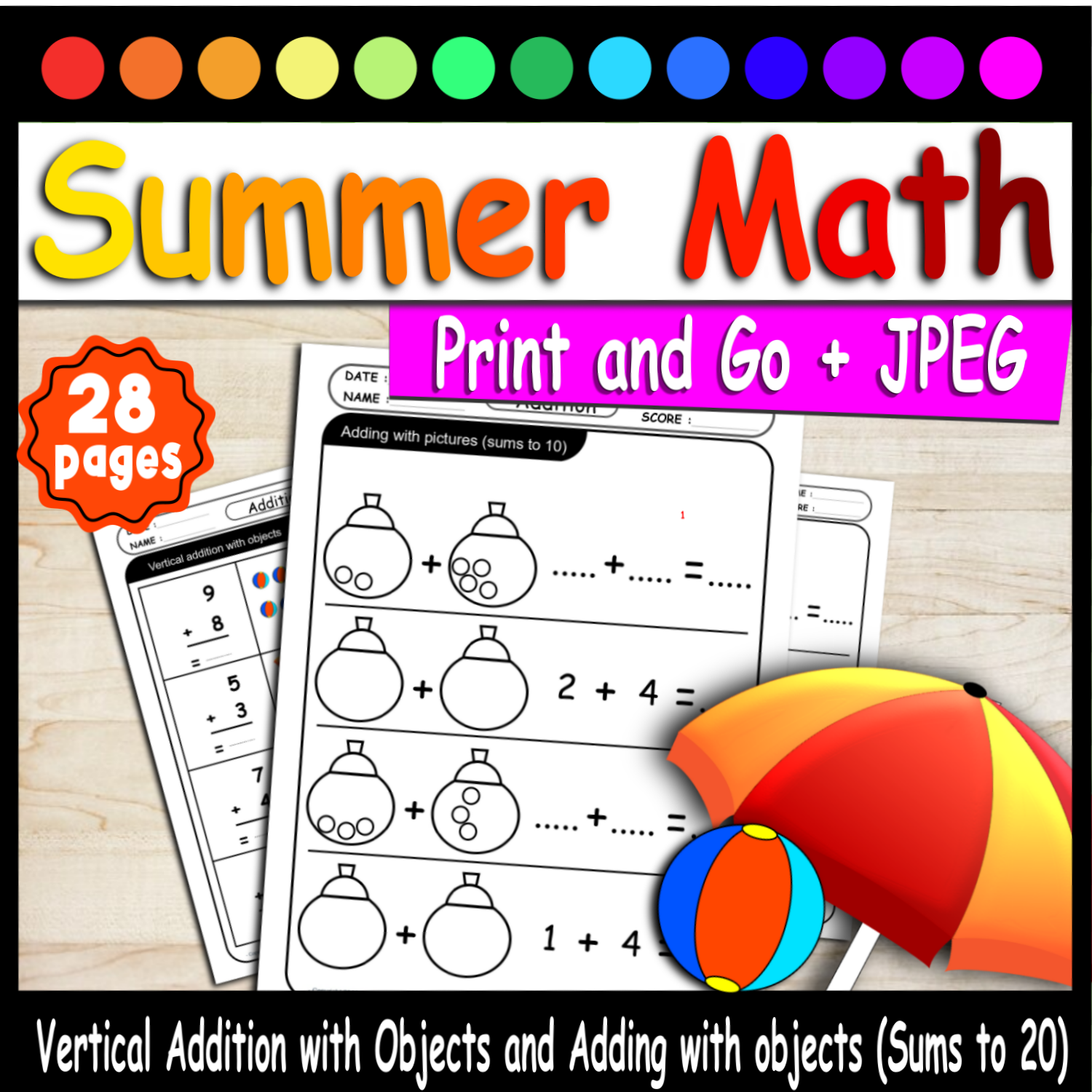 Summer Math worksheets Vertical Addition with Objects (Sums to 20)