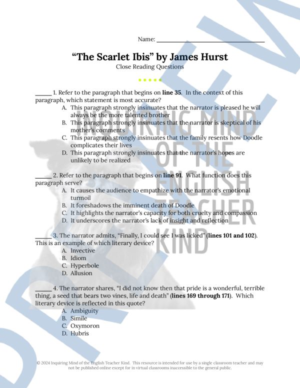 "The Scarlet Ibis" by James Hurst Close Reading Analysis Worksheet ...