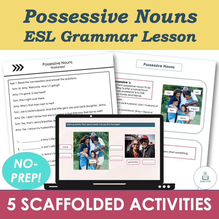 Possessive Nouns - Adult ESL A2 Grammar Lesson, Worksheets, Activities FREEBIE