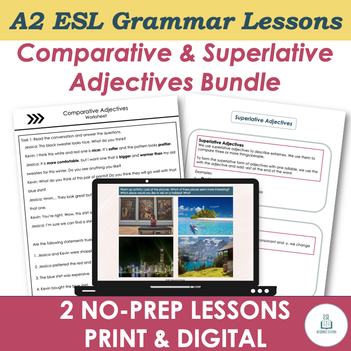 A2 Grammar Lesson Plans, Worksheets- Comparative & Superlative Adjectives BUNDLE