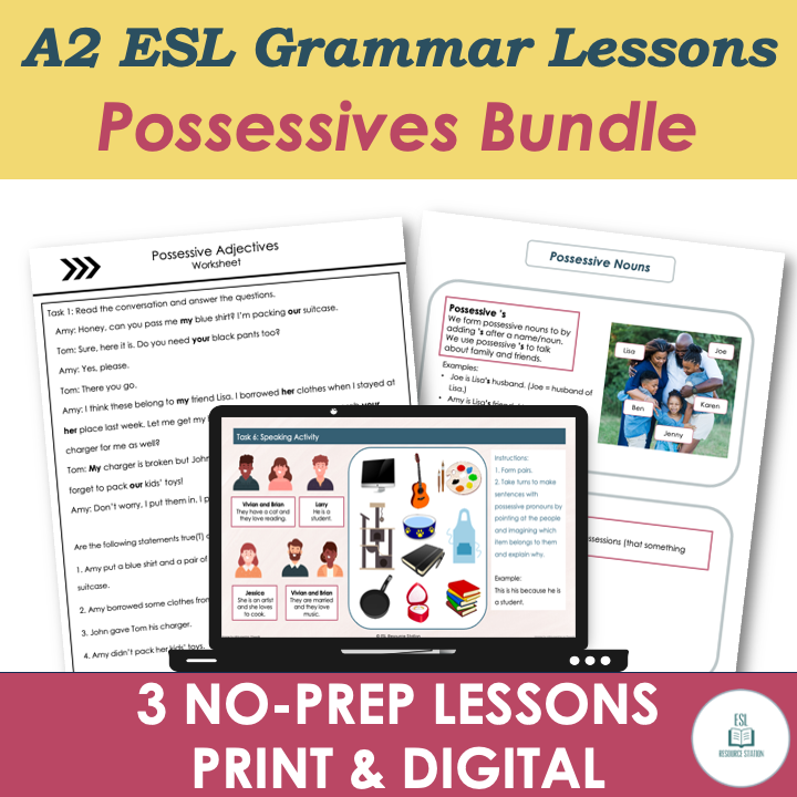 A2 Grammar Lesson Plans, Worksheets, Activities - Possessives BUNDLE - Adult ESL