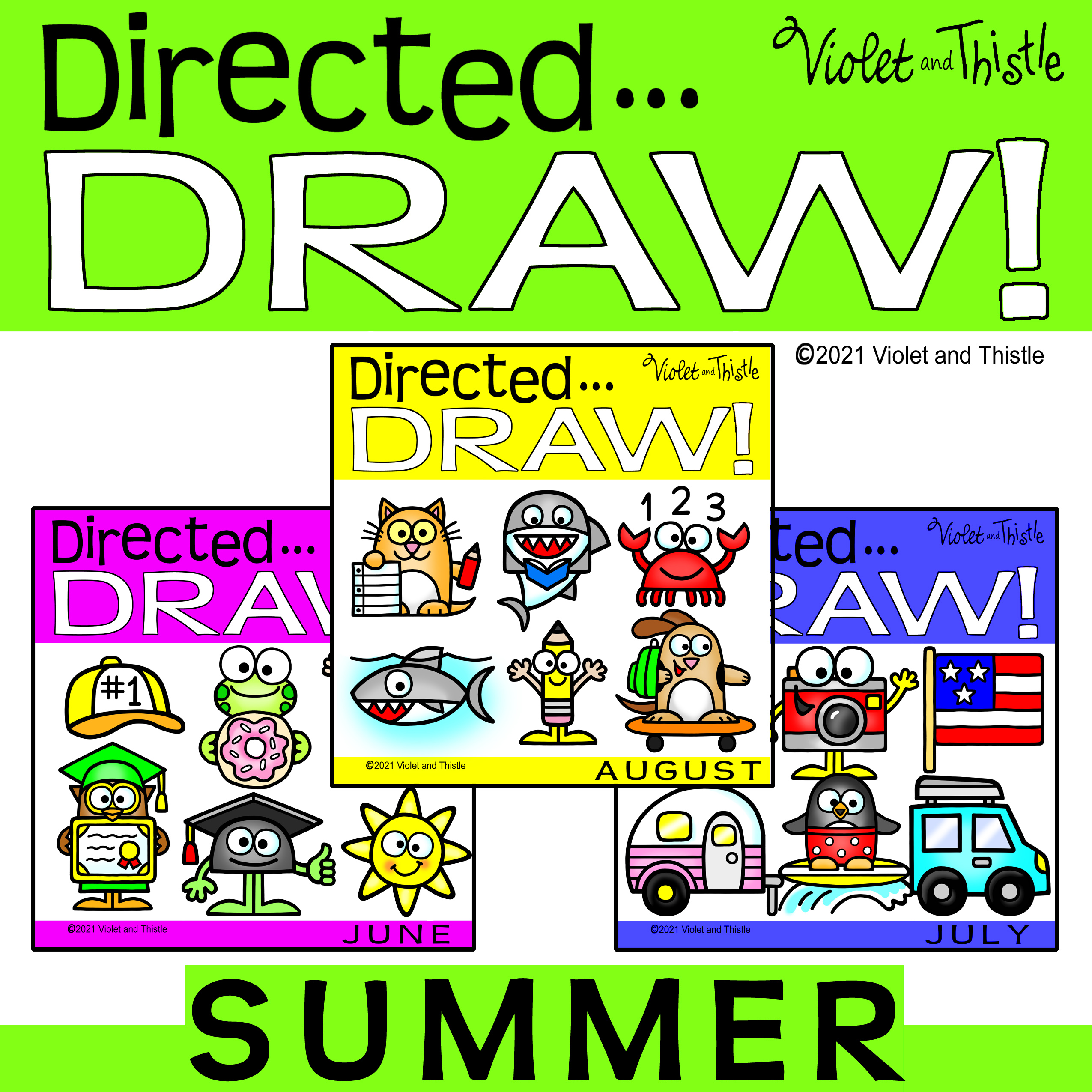 Directed Drawing BUNDLE Summer June July August Back to School How to Draw Step by Step Art Activity