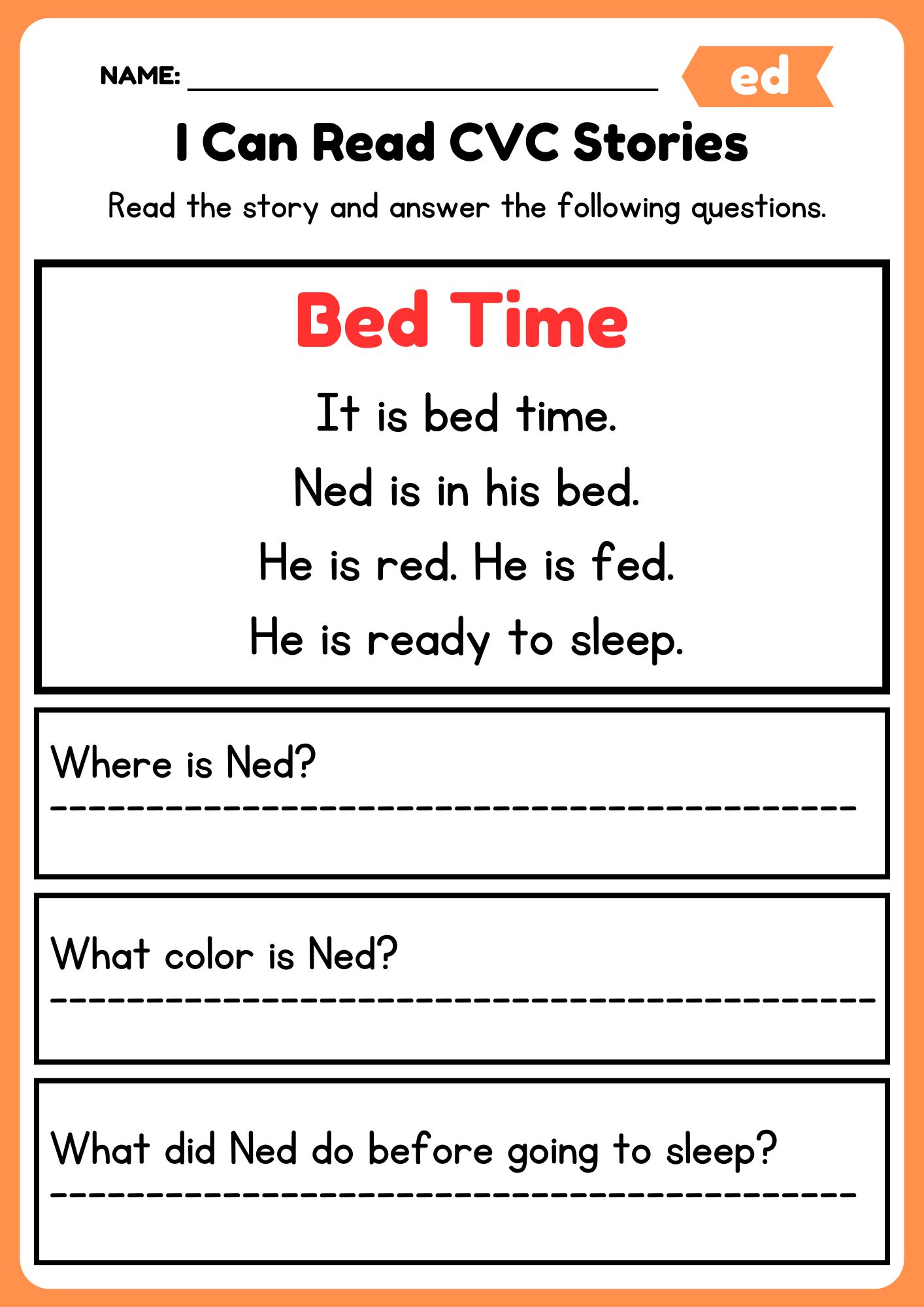 " ed" CVC Decodable Short Stories with Questions | Word Families