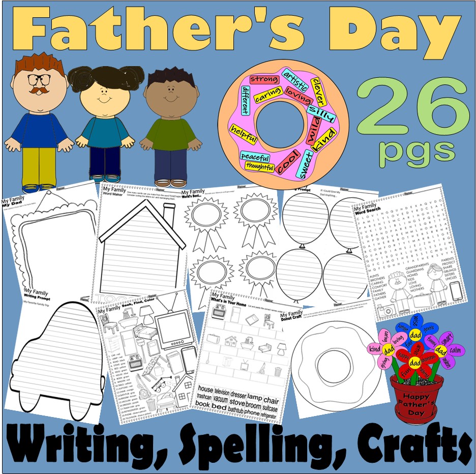 Father’s Day Craft ELA Worksheets Writing Prompts Word Search Labeling Spelling