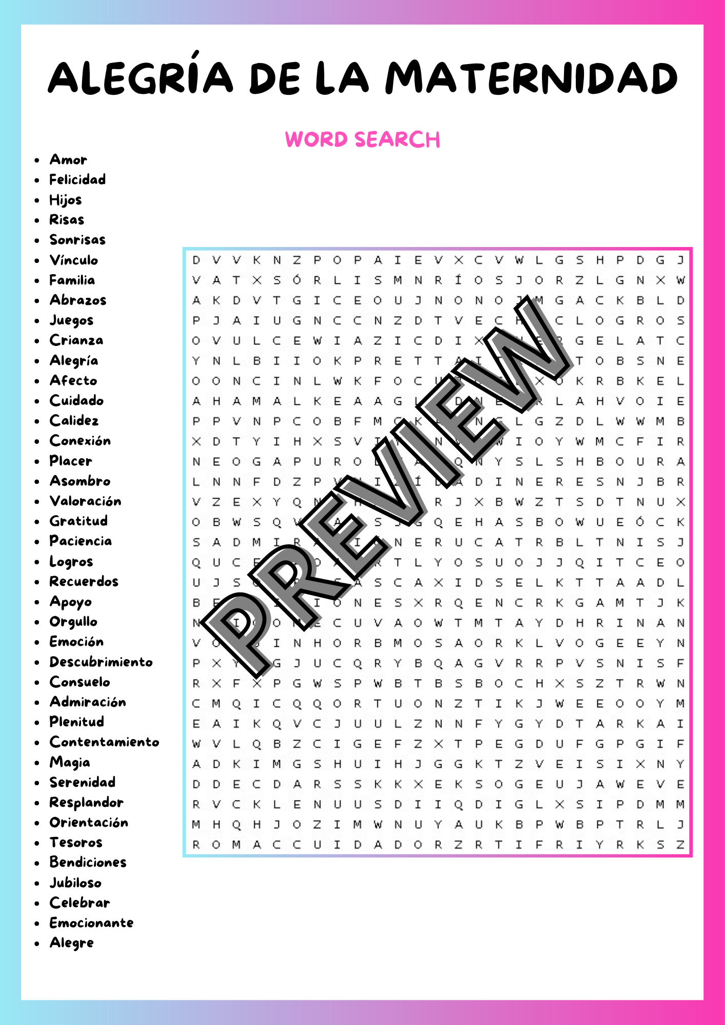 MOTHERHOOD JOY MOTHER'S DAY WORD SEARCH PUZZLE WORKSHEET ACTIVITY
