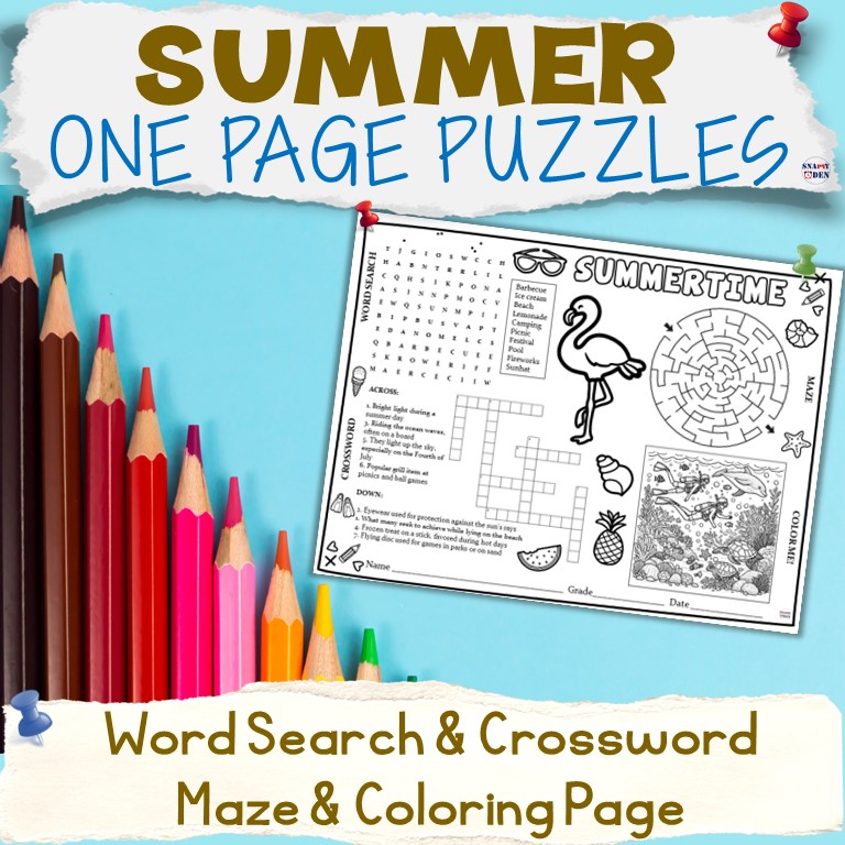 Summer Puzzles Word Search, Crossword, Maze, Coloring Page Activities Worksheet