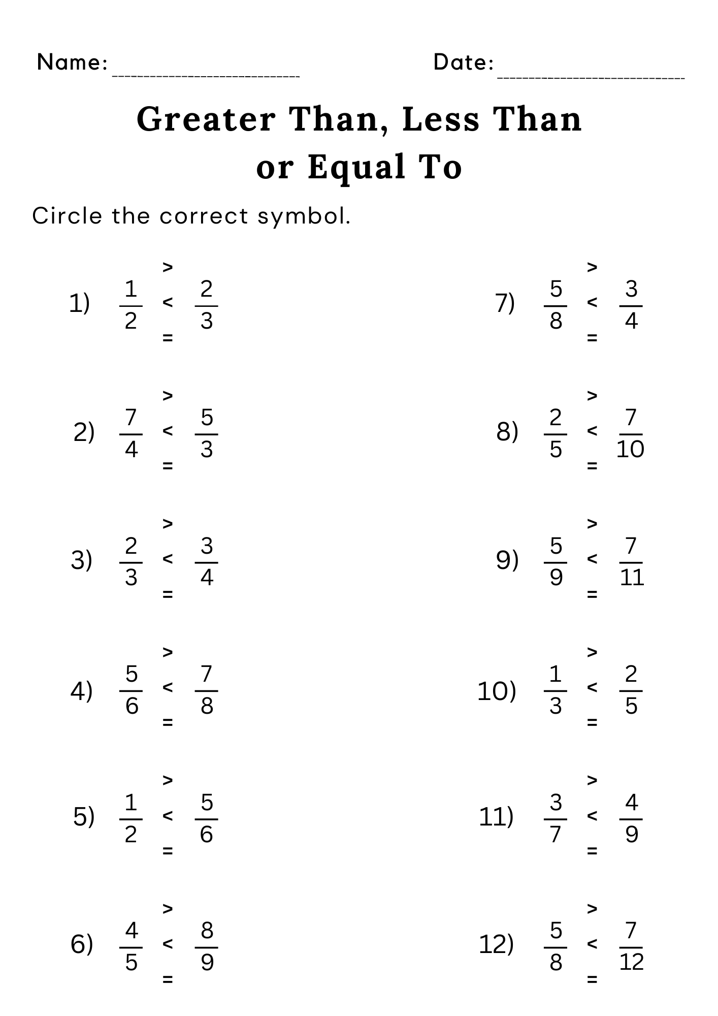 greater than less than or equal to fraction worksheets for kindergarten