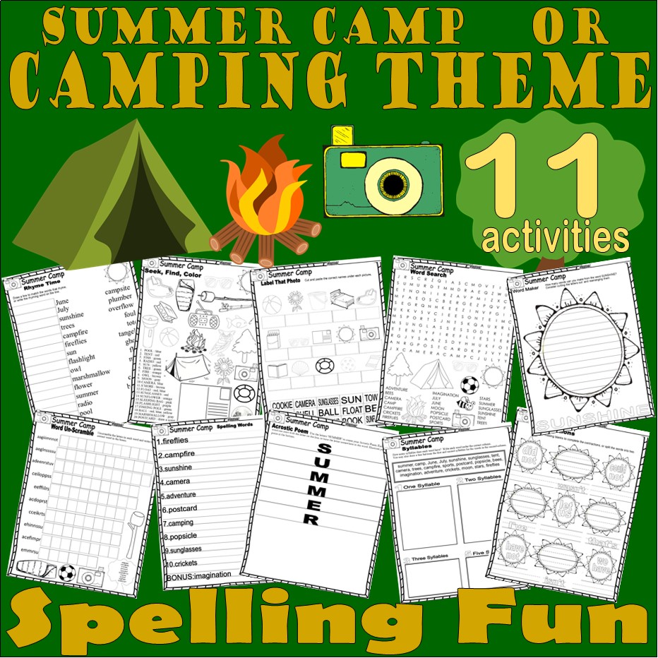Camping Summer Camp Spelling Activity Worksheets NO PREP Poem Rhyming Syllables Worksheets