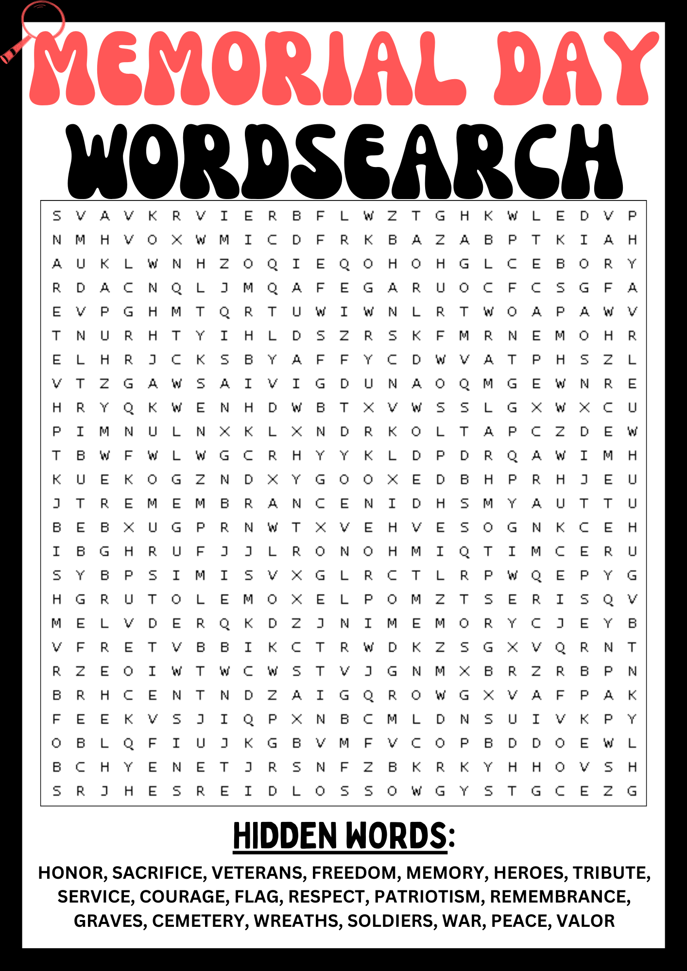 MEMORIAL DAY Wordsearch Puzzle Worksheet, Printables Activity