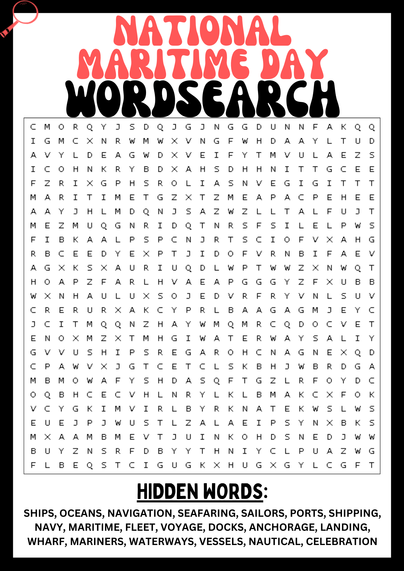 NATIONAL MARITIME DAY Wordsearch Puzzle Worksheet, Printables Activity